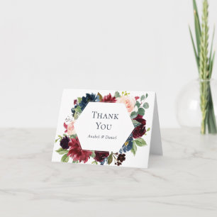 Burgundy Navy Floral Watercolor Thank You Card