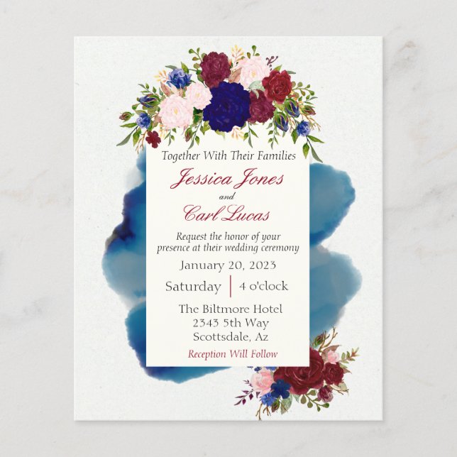 Burgundy Navy Floral Watercolor Wedding Budget (Front)