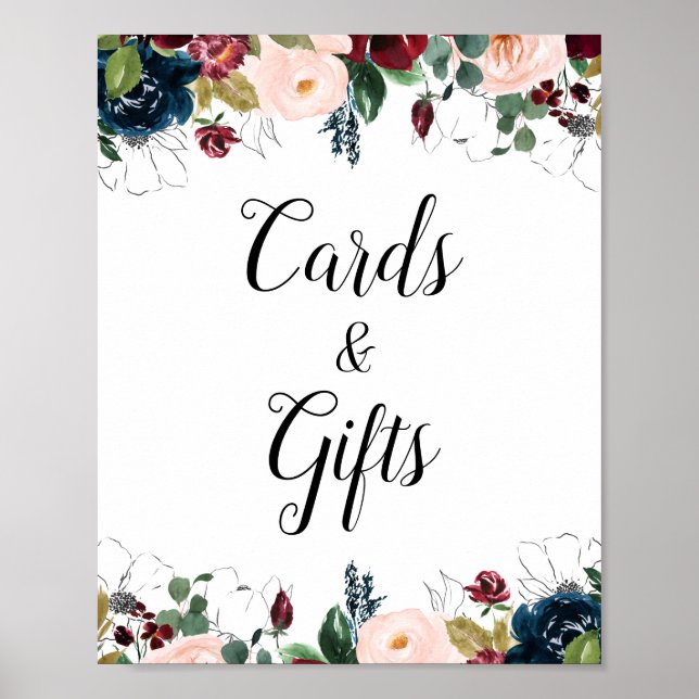 burgundy & navy floral wedding cards & gifts sign (Front)
