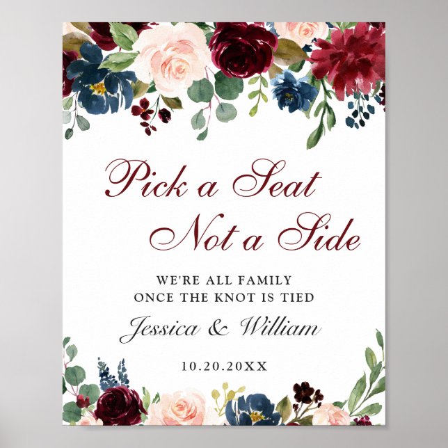 Burgundy Navy Floral Wedding Ceremony Seating Poster (Front)