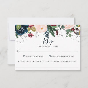Burgundy Navy Floral Wedding Food Allergy RSVP Card