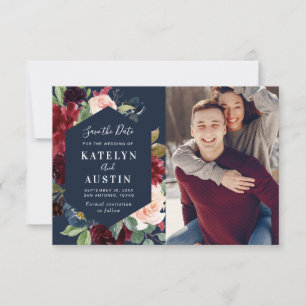 burgundy & navy floral wedding save the date card