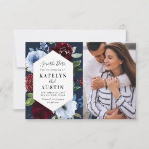 burgundy navy floral wedding save the date card