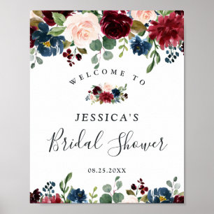 Burgundy Navy Floral Welcome Bridal Shower Sign