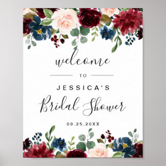 Burgundy Navy Floral Welcome Bridal Shower Sign