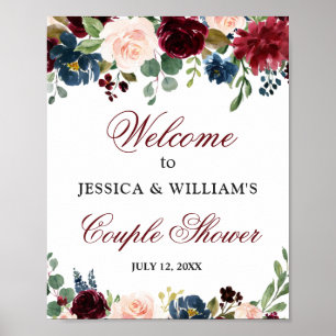 Burgundy Navy Floral Welcome Couple Shower Sign