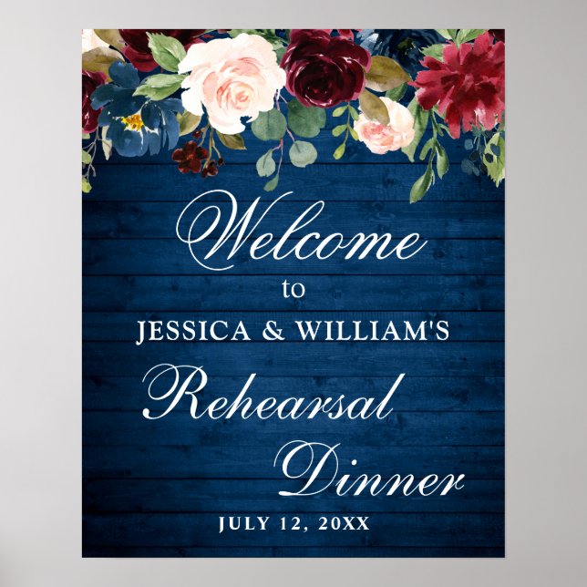 Burgundy Navy Floral Welcome Rehearsal Dinner Sign (Front)