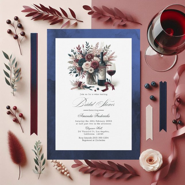 Burgundy & Navy Floral Wine Boho Bridal Shower Invitation (Burgundy and Navy Floral Wine Boho Bridal Shower Invitation)