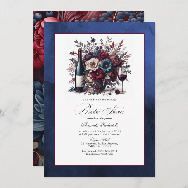 Burgundy & Navy Floral Wine-Themed Bridal Shower Invitation (Front/Back)