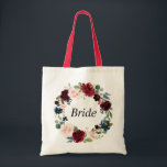 burgundy navy floral wreath bride tote bag<br><div class="desc">A lovely floral bride's tote bag. It has a burgundy navy floral wreath with watercolor roses and you can personalize the text and colors.</div>