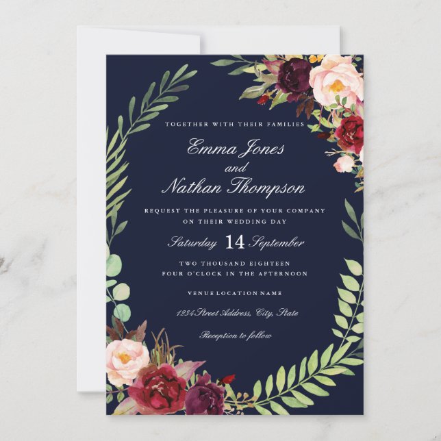 Burgundy Navy Floral Wreath Wedding Invitation (Front)