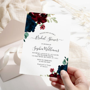 Burgundy & Navy Flowers Bridal Shower Invitation