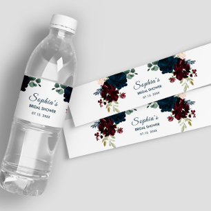 Burgundy & Navy Flowers Rustic Bridal Water Labels