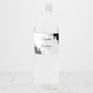 Burgundy & Navy Flowers Rustic Wood Wedding Water Bottle Label