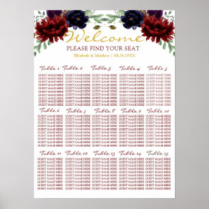 Burgundy Navy Gold Peony Wedding Seating Chart