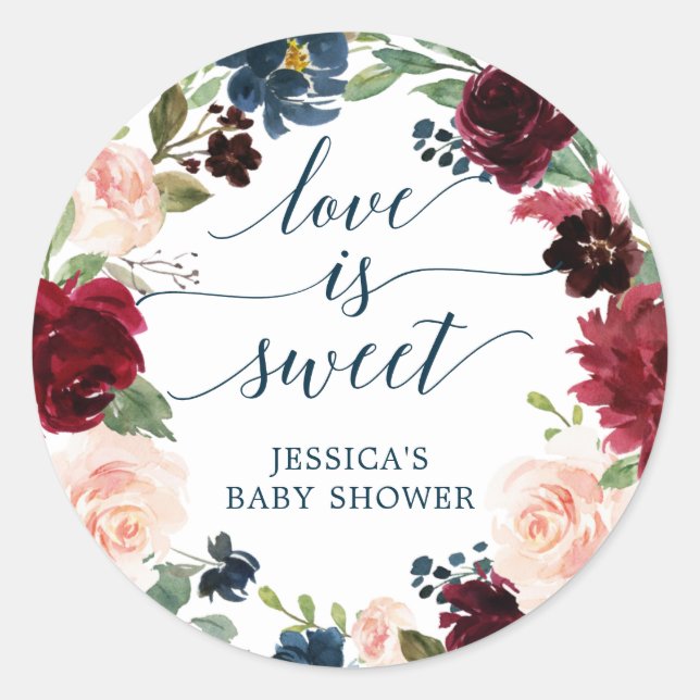 Burgundy Navy Love Is Sweet Baby Shower Favour Classic Round Sticker (Front)