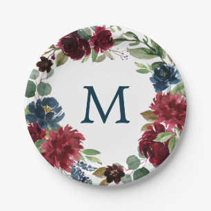 Burgundy Navy Monogram Paper Plates