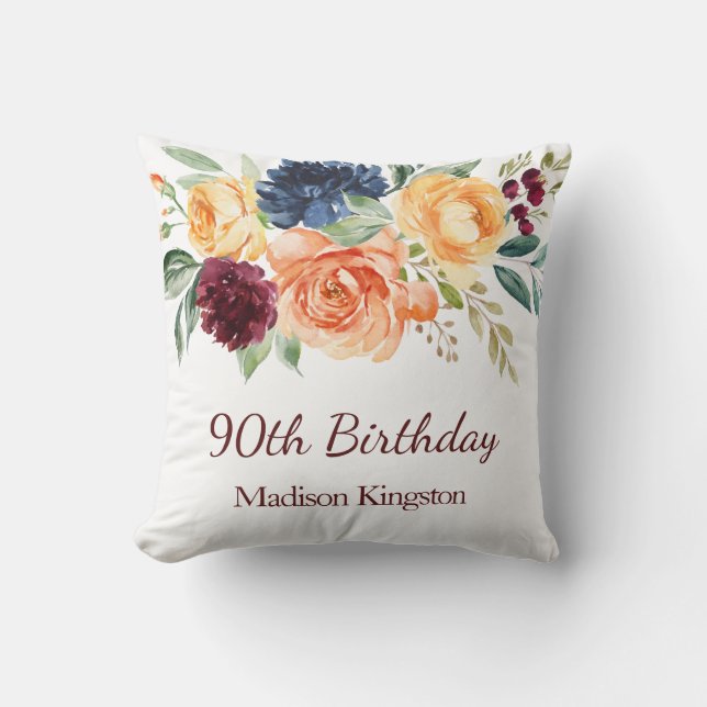 Burgundy Navy Peach Floral 90th Birthday Party Cushion (Front)
