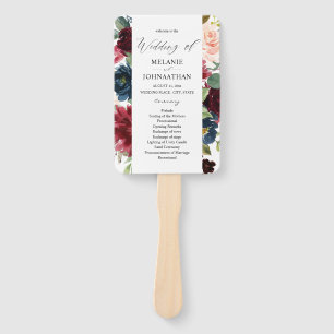 Burgundy & Navy Pink Blush Floral Wedding Program Hand Fan