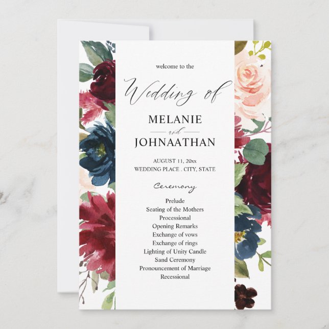 Burgundy & Navy Pink Blush Floral Wedding Program Invitation (Front)