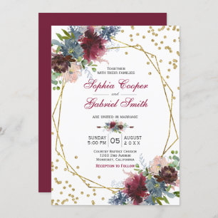 Burgundy Navy Pink Floral   Gold Frame Wedding Invitation