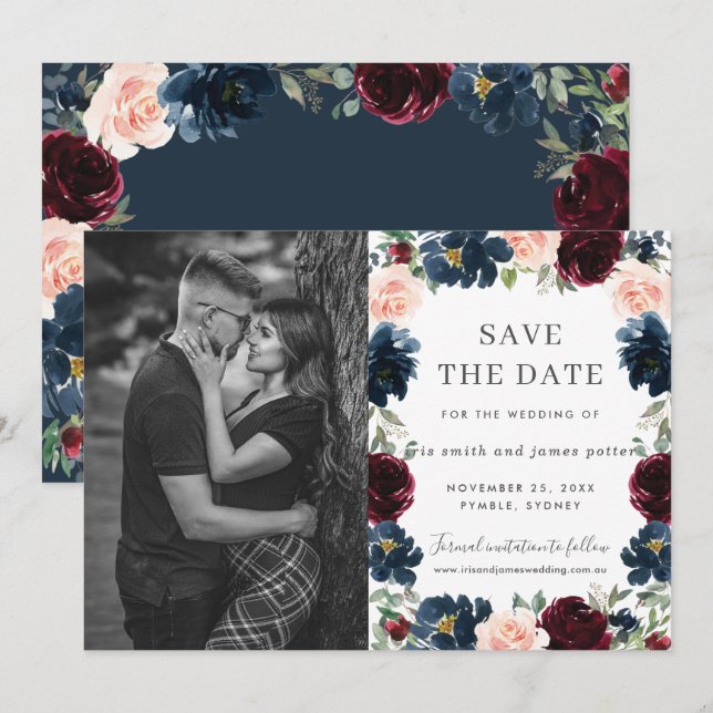 Burgundy Navy Pink Floral Photo Save the Date Card (Front/Back)