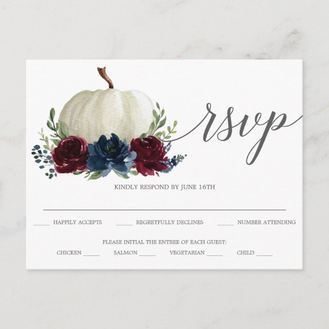 Burgundy Navy Pumpkin Wedding RSVP Postcard (Front)