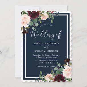 Burgundy & Navy Red Wine & Blush Flowers Wedding Invitation
