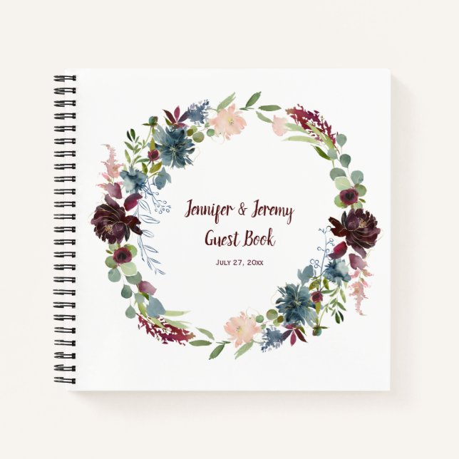 Burgundy Navy Rose Gold Floral Guest Book (Front)