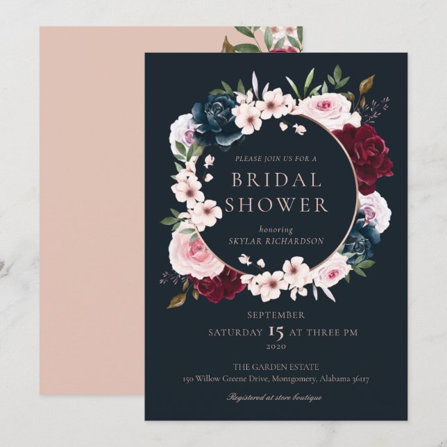 Burgundy Navy Rose Watercolor Wreath Bridal Shower Invitation (Front/Back)