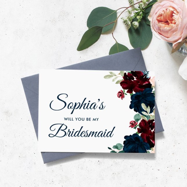 Burgundy & Navy Rustic Bridesmaid Proposal  Postcard (Creator Uploaded)
