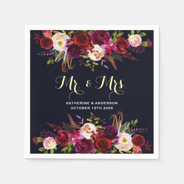 Burgundy Navy Rustic Floral Mr and Mrs Wedding Napkin (Front)