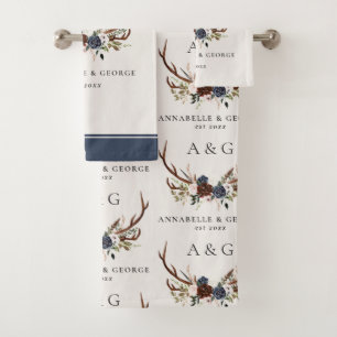 burgundy navy stag watercolor floral elegant bath  bath towel set