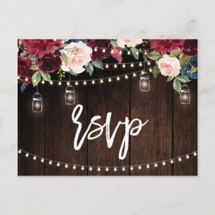 Burgundy Navy String Light mason jar RSVP Postcard