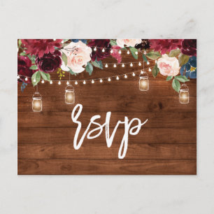 Burgundy Navy String Light mason jar RSVP Postcard