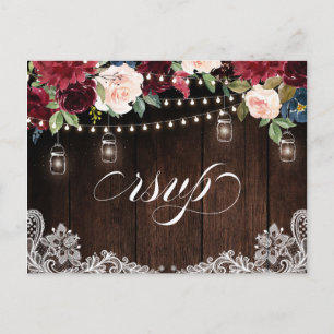 Burgundy Navy String Light mason jar RSVP Postcard