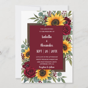 Burgundy Navy Sunflower Rose Wedding Invitation