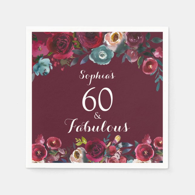 Burgundy Navy Watercolor Floral 60th Birthday Napkin (Front)