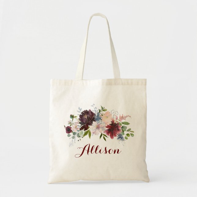 Burgundy navy watercolor floral bridesmaid tote bag (Front)