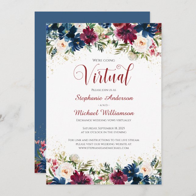 Burgundy Navy Watercolor Floral Virtual Wedding Invitation (Front/Back)