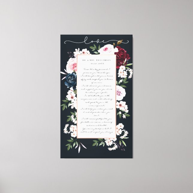 Burgundy & Navy Watercolor Floral Wedding Vows Canvas Print (Front)