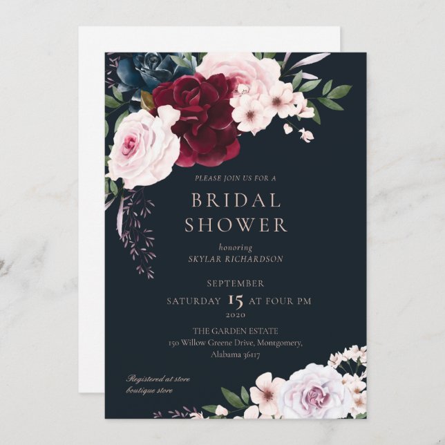 Burgundy Navy Watercolor Florals Bridal Shower Invitation (Front/Back)