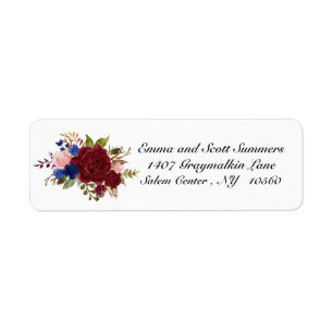 Burgundy Navy Watercolor Flower Address Label