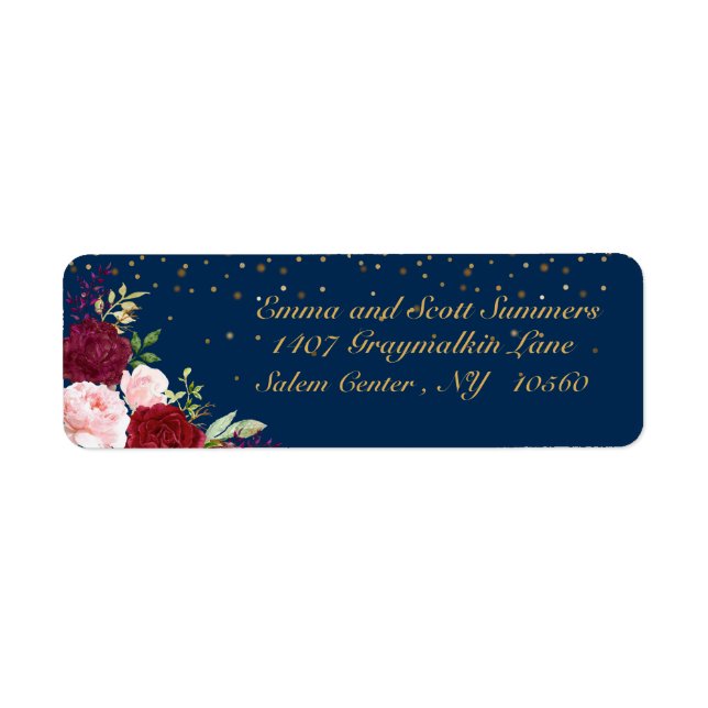 Burgundy Navy Watercolor Flower Address Label Gold (Front)