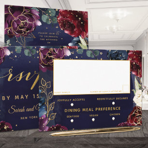 Burgundy Navy Wedding 3 Meal Choice RSVP Card