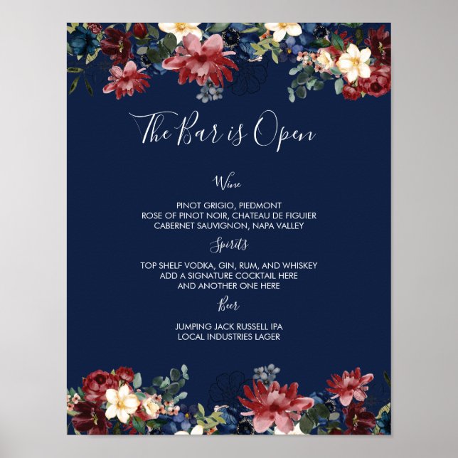 Burgundy Navy Wedding Bar Menu Sign (Front)