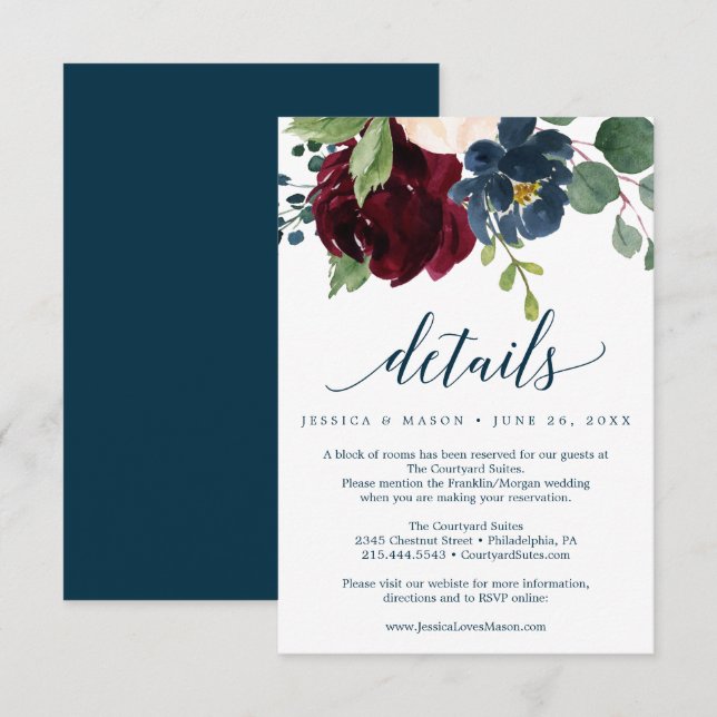 Burgundy Navy Wedding Details Card (Front/Back)
