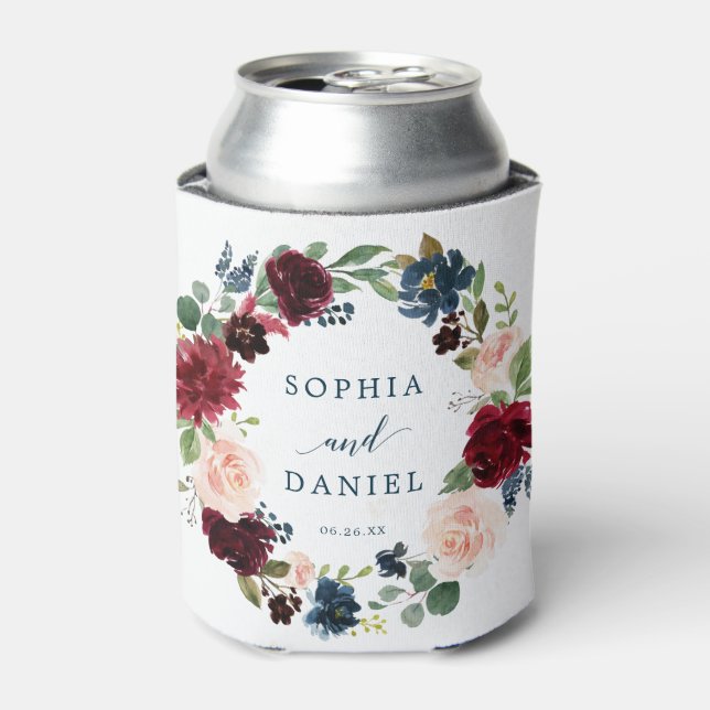 Burgundy Navy Wedding Favour Can Cooler (Can Front)