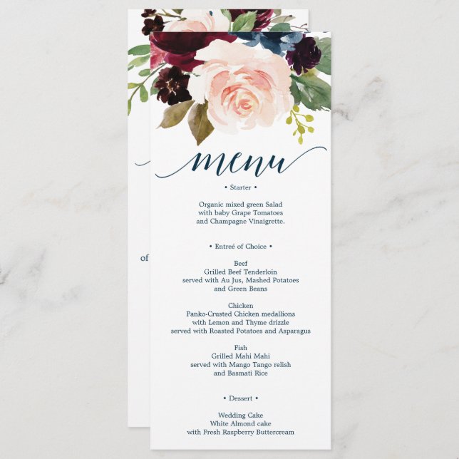 Burgundy Navy Wedding Menu and Thank You Invitation (Front/Back)