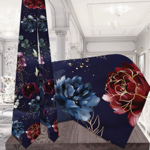 Burgundy Navy Wedding Watercolor Floral Elegant Tie